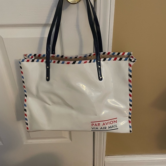 Kate Spade Par Avion White Tote with Striped Trim - Picture 2 of 8